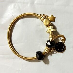 Gold Tone Wire Bangle Bracelet Black Round Crystal Beads Dangle Charms